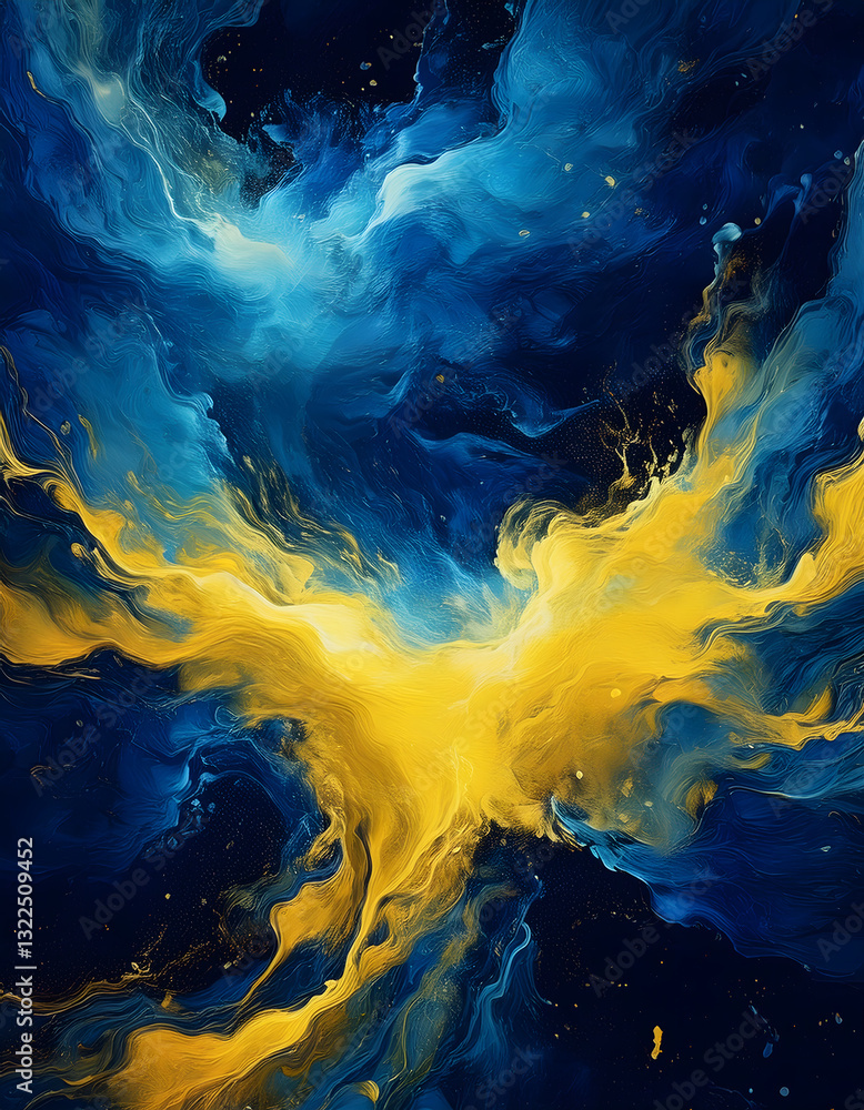 Poster abstract swirling clouds of blue and yellow with scattered gold specks, creating a celestial and dyn