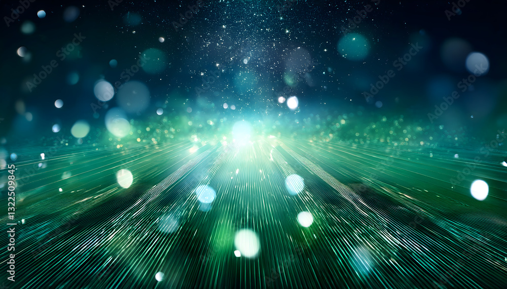 Poster luminous lines radiate from a central point on a textured green surface, with bokeh lights and a bri