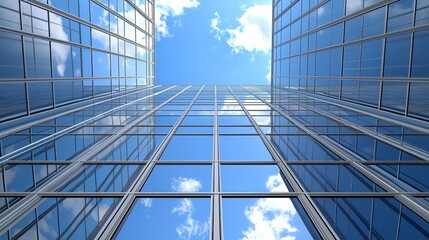 Obraz premium Employee Leadership Development Workshop Modern skyscraper reflecting clear blue sky