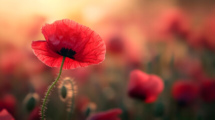 Obraz premium Lone Red Poppy in Golden Light – Dreamy Floral Beauty