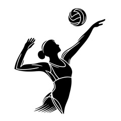 Female volleyball player spiking ball, black and white illustration