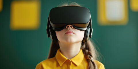 A schoolgirl wearing VR goggles sits at the desk during a lesson. Use of virtual reality technologies in teaching.