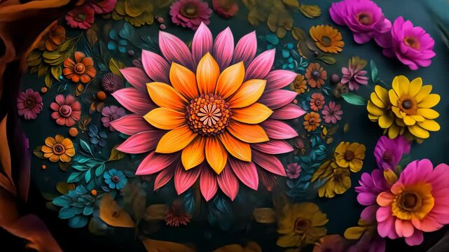 Colorful floral rangoli with intricate patterns, Indian festival and decorative art concept. High quality 4k footage