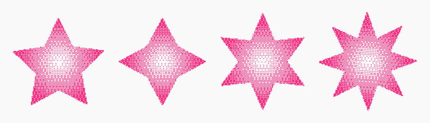 Set of pink pixelated stars in bitmap style. Y2K aesthetic elements for digital art, stickers, and trendy graphic design. Perfect for retro, cyber, and pop culture projects.