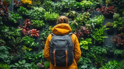 Person walking beside a lush vertical garden symbolizing green architecture and eco-friendly urban spaces