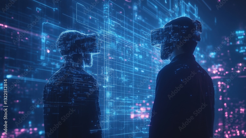 Poster two businessmen wearing virtual reality headsets are immersed in a metaverse experience, exploring a