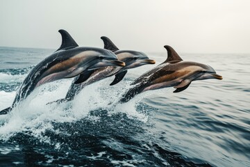 Obraz premium Three Dolphins Jumping Gracefully Above Calm Ocean Water Surface