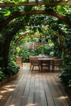 Cozy Outdoor Dining Area Surrounded by Lush Greenery and Tropical Plants in a Tranquil Garden Setting