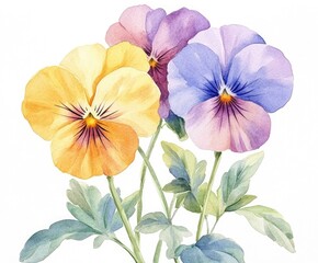 Colorful pansies bloom gracefully in a watercolor illustration, showcasing their stunning petals in shades of yellow, purple, and blue with lush green leaves