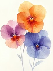 Watercolor illustration showcases vibrant pansies with soft petals in orange, purple, and blue. This artistic representation highlights the beauty of nature