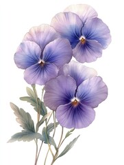 This artwork features beautifully detailed pansies in vibrant shades of purple and blue, capturing their natural elegance and charm