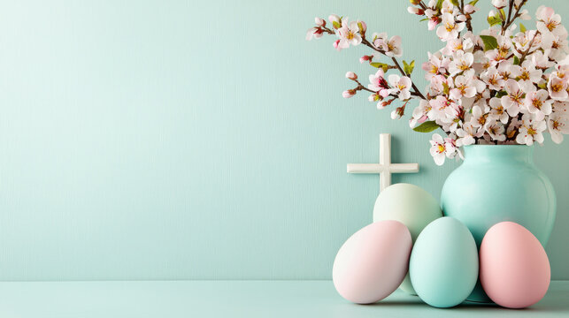 A pastel-themed Easter decoration featuring colored eggs, a floral arrangement, and a simple cross against a soft blue background.