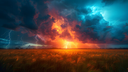 Obraz premium Dramatic stormy sunset over a golden wheat field with vibrant lightning illuminating the sky
