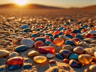 Obraz premium Stunning Coastal Desert Landscape: Vibrant Sand, Pebbles & Stones in Warm Sunset Light