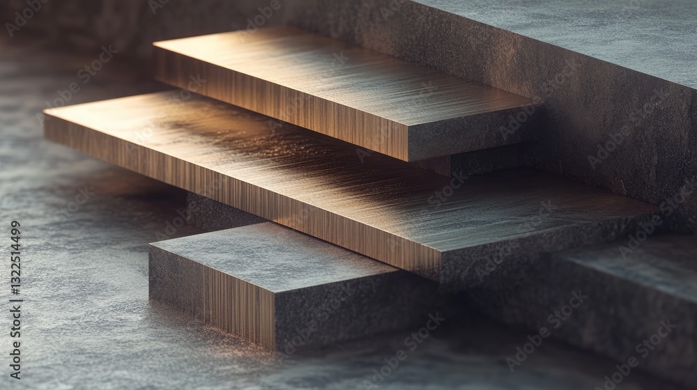 Poster abstract composition of metallic and concrete blocks illuminated by warm light