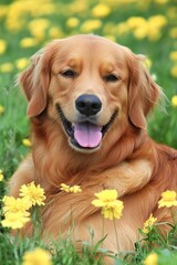 Golden retriever relaxing in field of yellow flowers