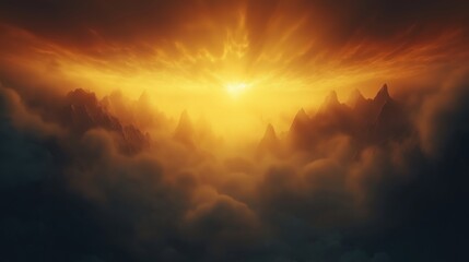 Fototapeta premium Dramatic Sunrise Over Mountain Peaks in a Cloudy Atmospheric Landscape.