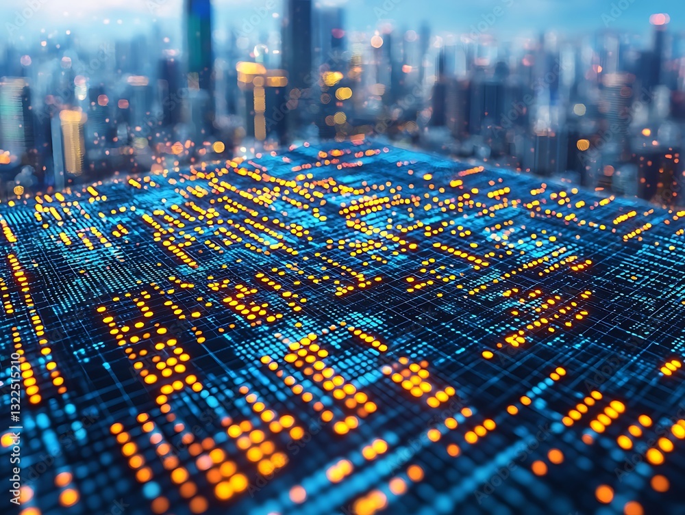 Poster abstract digital circuit pattern and metropolitan skyline background scenery