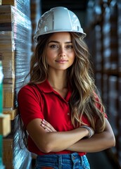 Portrait of a Female Warehouse Worker Wearing a Red Polo Shirt and Blue Jeans with a White Safety Helmet