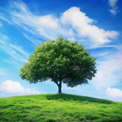 Single tree on a grassy hill under a vibrant blue sky.