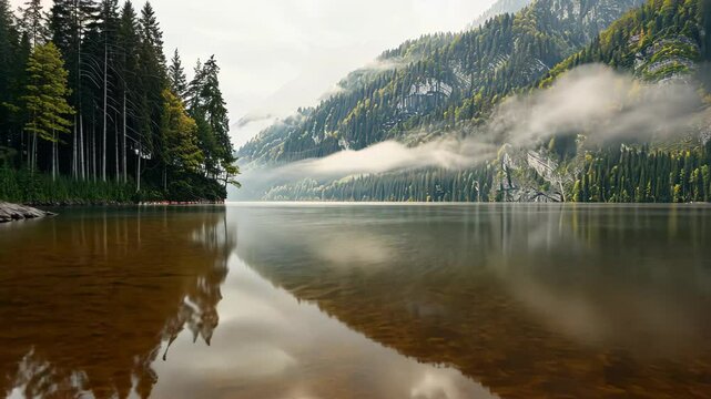 Mountain river serenity yellow agate stone lined shore, scenic beauty, Ai Generated