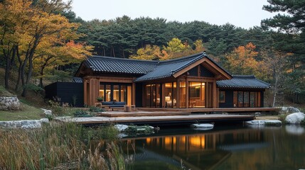 Obraz premium Modern Asian style house situated near a calm reflective lake