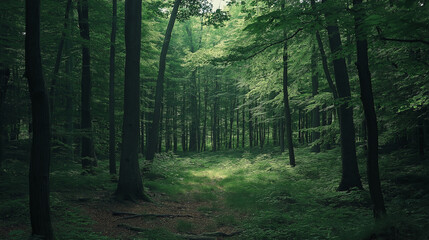 Obraz premium Serene path through a lush green forest.