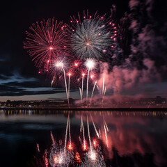 Vibrant fireworks explode over a calm lake at night, reflecting beautifully on the water's surface.