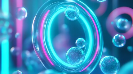 Floating Spheres and Glowing Rings a Futuristic Abstract Neon Design
