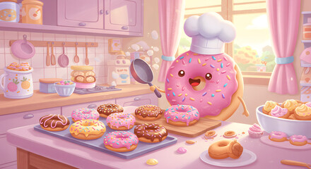 Cute Cartoon Donut Chef Baking in a Whimsical Pastry Kitchen