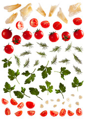 Products: tomatoes, cheese, garlic, herbs, dill, celery, sliced ​​and photographed in different positions. Isolated.