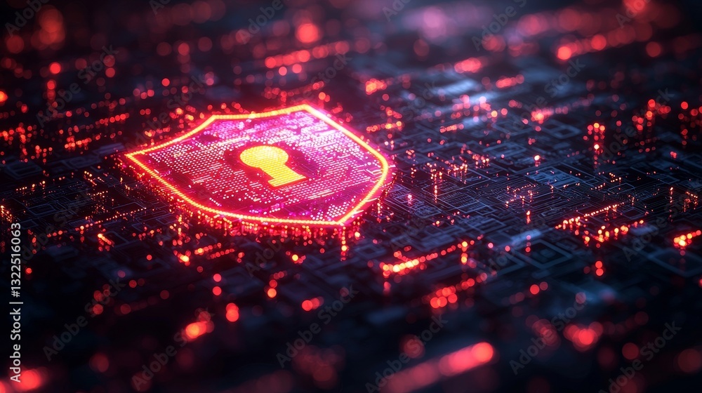 Poster protecting cyber security and data integrity, maintaining internet network security, shielding busin