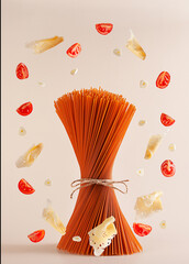 Red tomato pasta, uncooked, stands on the table surrounded by products flying around: tomatoes, cheese, garlic, herbs. Ingredients are isolated on a pink background.