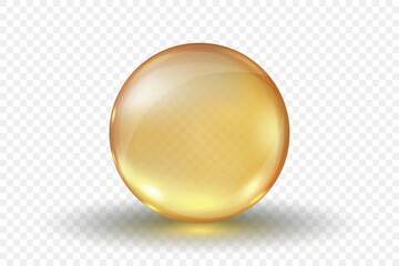Vitamin B Soft Gel Capsule, Isolated. Realistic 3D Round Golden Transparent Omega-3 Bead, Pharmaceutical Supplement, Fish Oil, Health and Beauty Concept. Vector Illustration