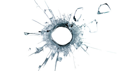 Bullet hole with shattered glass, isolated on a transparent PNG background. High-resolution image capturing intricate cracks and impact details, perfect for crime, action, and destruction theme design