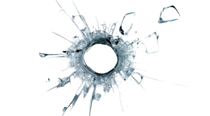 Bullet hole with shattered glass, isolated on a transparent PNG background. High-resolution image capturing intricate cracks and impact details, perfect for crime, action, and destruction theme design