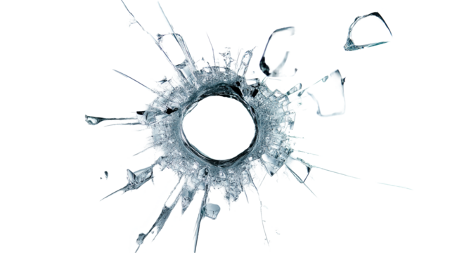 Bullet hole with shattered glass, isolated on a transparent PNG background. High-resolution image capturing intricate cracks and impact details, perfect for crime, action, and destruction theme design