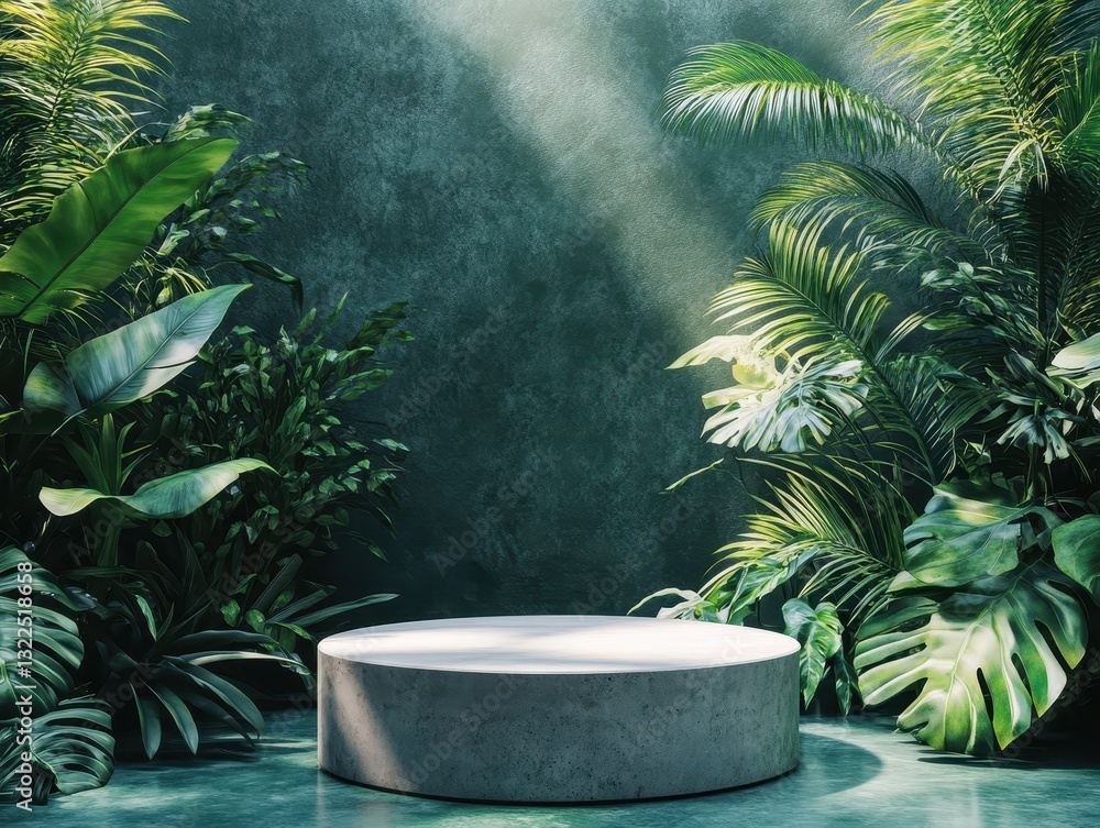 Poster elegant round display platform surrounded by lush green tropical foliage and soft light highlights c