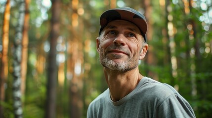 Obraz premium Realistic closeup portrait of middle aged Finnish person skateboarding through forest during summer season