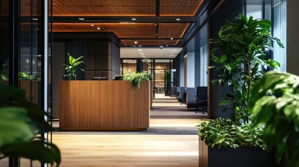 Modern Office Interior Design, Sophisticated Workspace with Lush Greenery