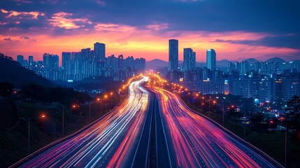 Fototapeta premium A cityscape at dusk captured through long exposure, featuring car lights and the dynamic movement of city life