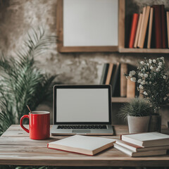 Fototapeta premium Cozy workspace with laptop, books, and plants. Perfect for creative work.