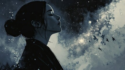 Fototapeta premium Sumi-e Painting of a Woman Gazing at the Milky Way