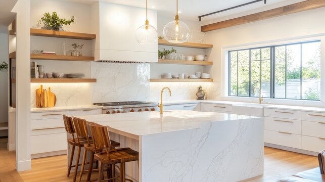 A modern kitchen featuring island seating and open shelving arrangements