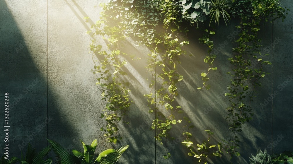 Aufkleber sunlight filters through lush green vines adorning a textured concrete wall, creating a captivating 