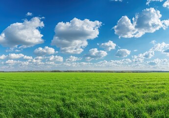 Obraz premium Expansive Green Field Under a Bright Blue Sky with White Clouds in a Beautiful Landscape of Nature, Serenity, and Open Air