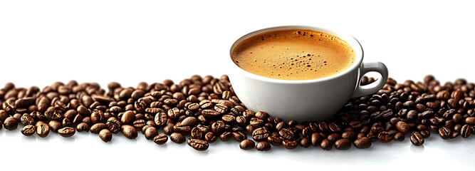 Naklejka premium White cup filled with espresso surrounded by scattered coffee beans isolated on transparent background. PNG