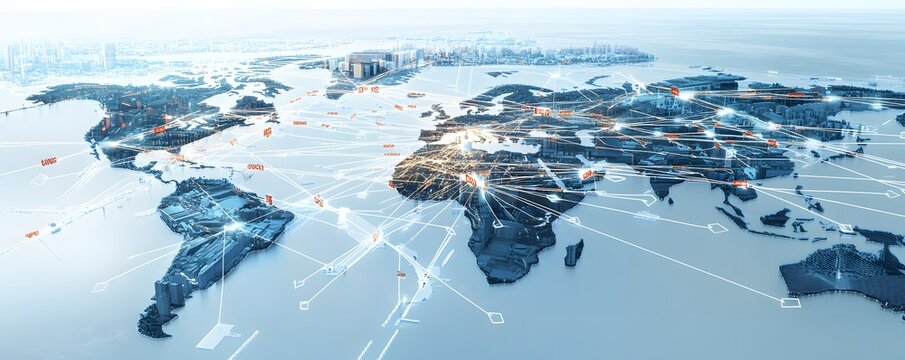 A conceptual world map displays global network connections and urban development