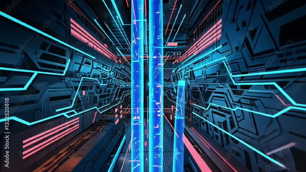 Aufkleber futuristic neon corridor with glowing blue and red cyber lights creating a sci-fi digital tunnel per