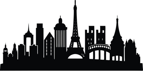 Obraz premium Panoramic View of Downtown Paris Skyline. Paris city black silhouette skyscrapers and buildings. Long cityscape